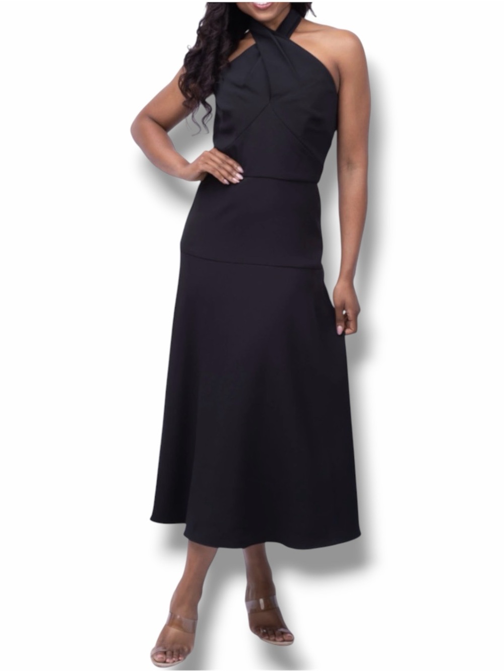 Shoshanna Midnight Black A-Line Crossover Halter Midi Dress Size 4 NWT $540
